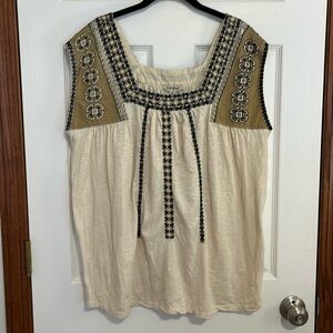 Lucky Brand Sleeveless Cream Tan & Black Embroidered Top Knit Tank Women’s 2X